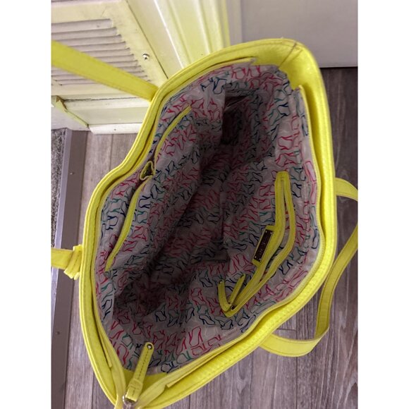 Nine West Bright Yellow Tote Bag With Multiple Zipper Pockets & Printed Interior - Picture 11 of 14